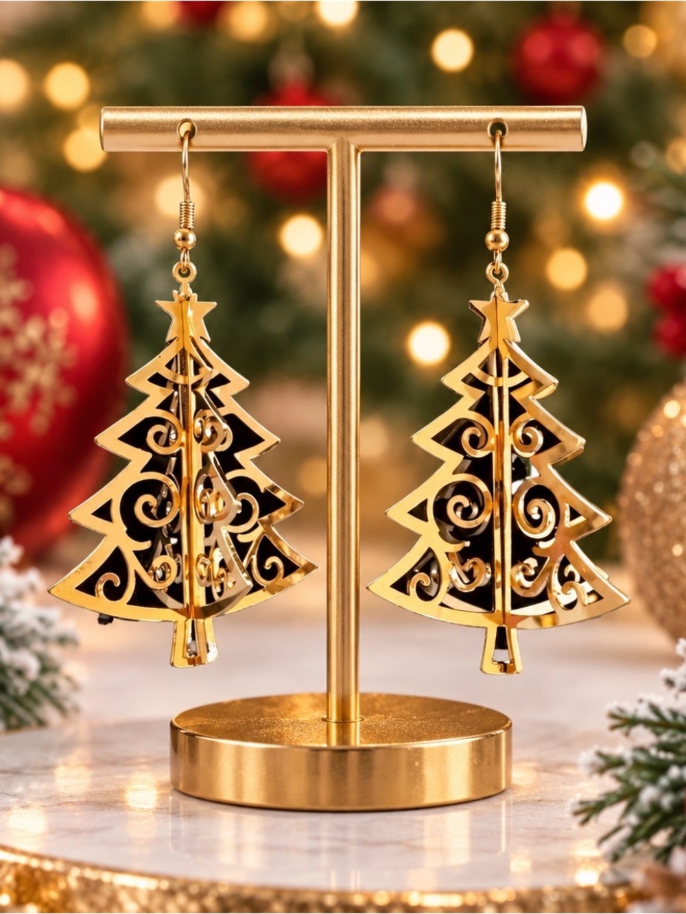 Gold Christmas Tree Filigree Dangle Earrings Holiday Statement Jewelry